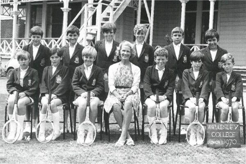 Wellesley old boys posing for a group tennis photo in 1970 in front of Days Bay House
