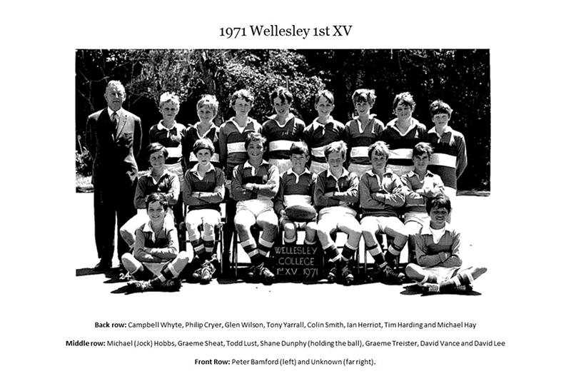 The Wellesley College rugby team in 1971, posing together in their team uniforms for a group photo