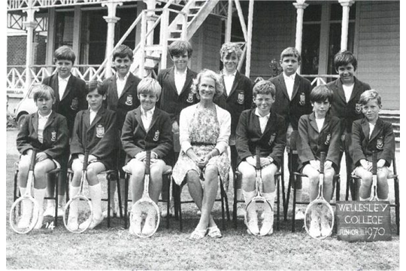Wellesley old boys posing for a group tennis photo in 1970 in front of Days Bay House