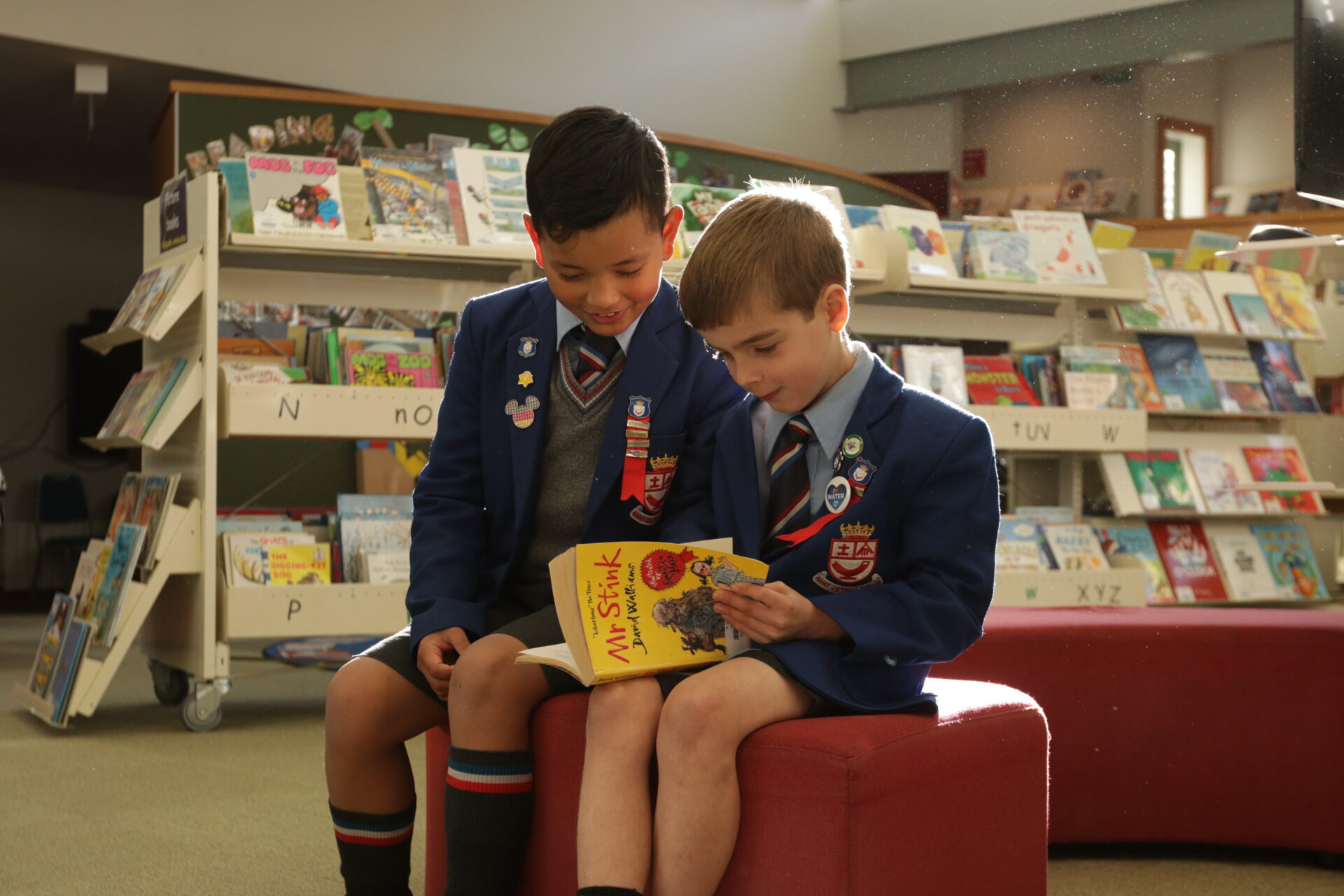 Two Wellesley boys reading together in the school library, surrounded by bookshelves